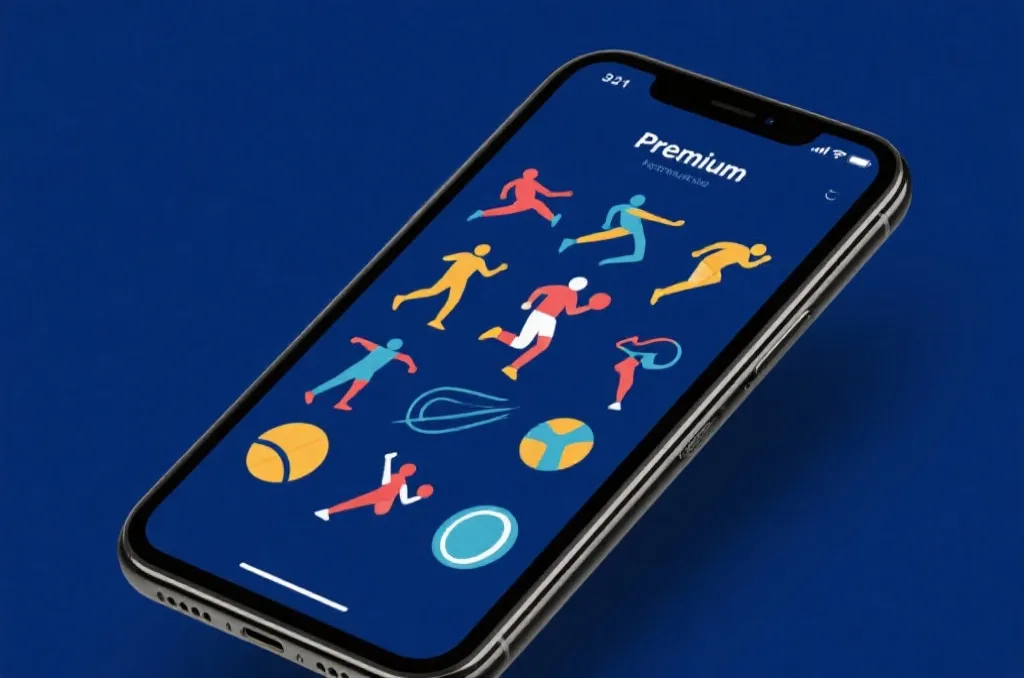 Premium smartphone screen showing dynamic vector graphics of sports icons on a dark blue background