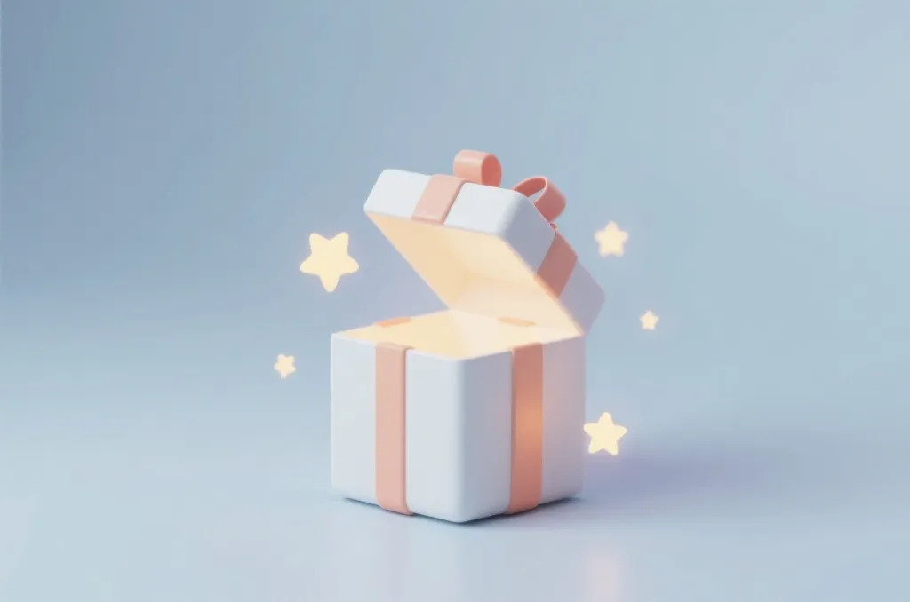 A minimalist 3D gift box opening with soft glowing light and floating star icons